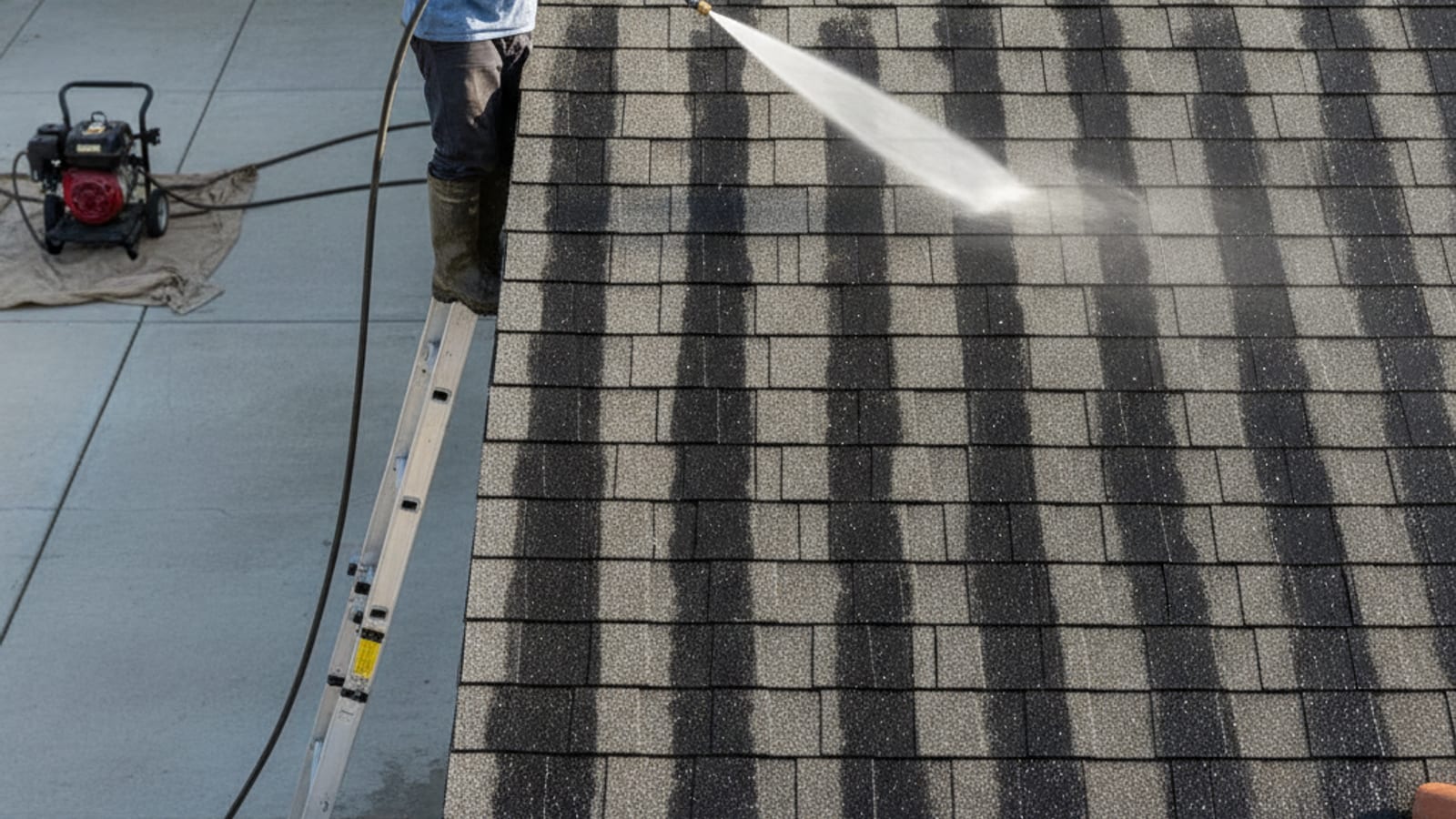 Close-up view of an asphalt shingle roof with heavy vertical black streaks of gloeocapsa magma algae running down from a peak toward the gutter line