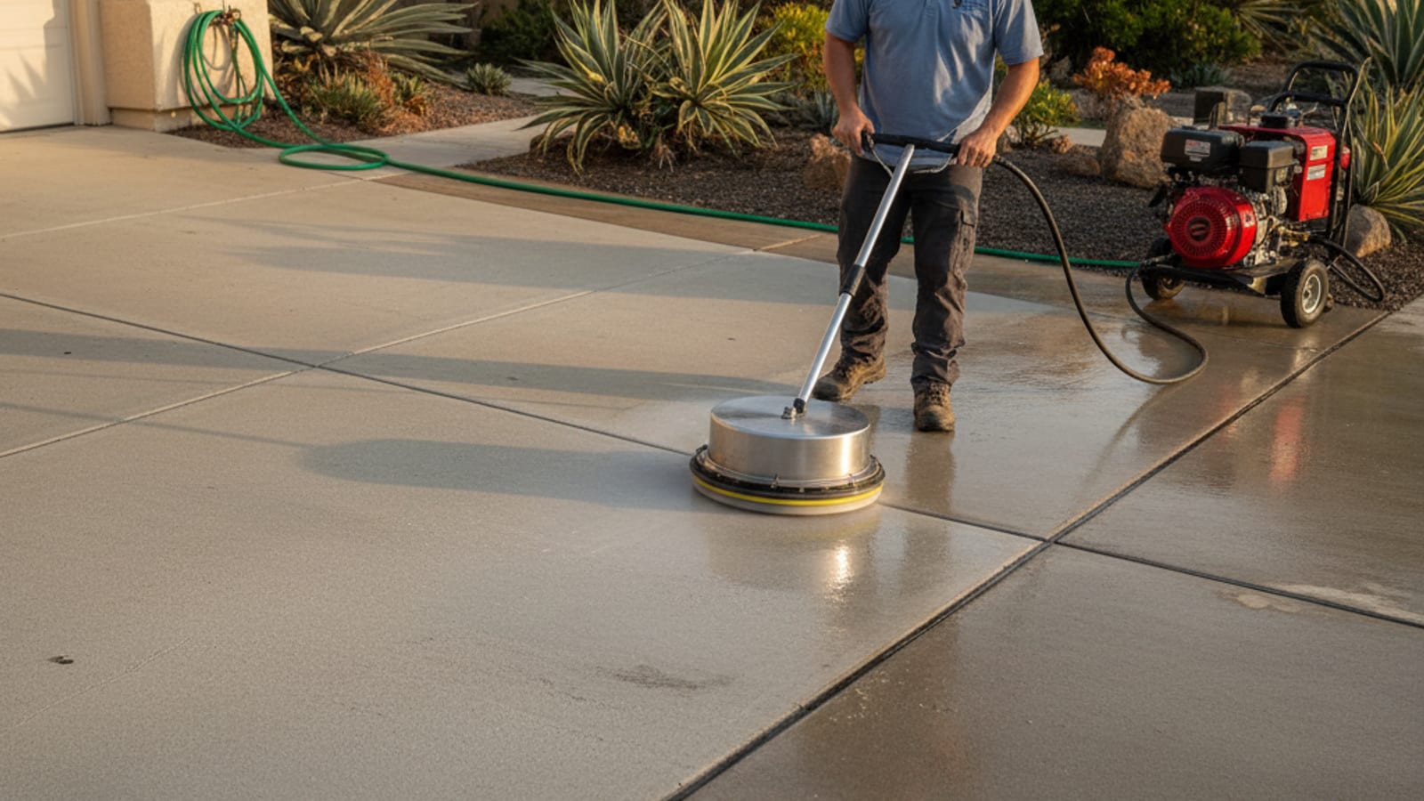 San Diego two-car concrete driveway being cleaned with a round surface cleaner attachment showing a dramatic contrast between cleaned and uncleaned halves
