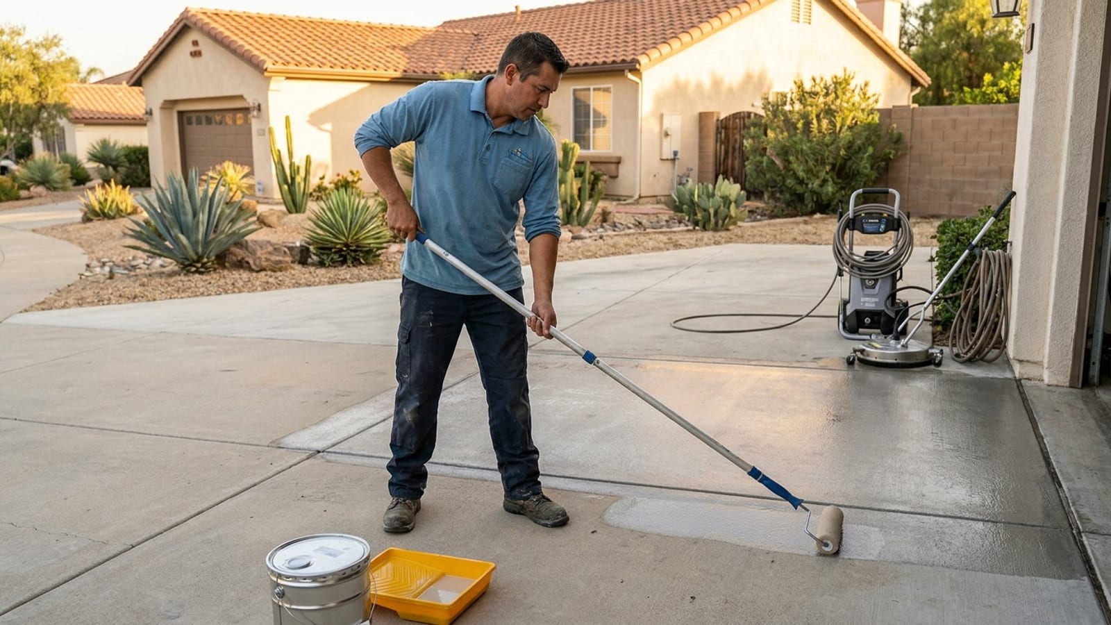 A freshly cleaned concrete driveway on a San Diego home with a sealer being applied, showing a slightly darker satin finish on the sealed section