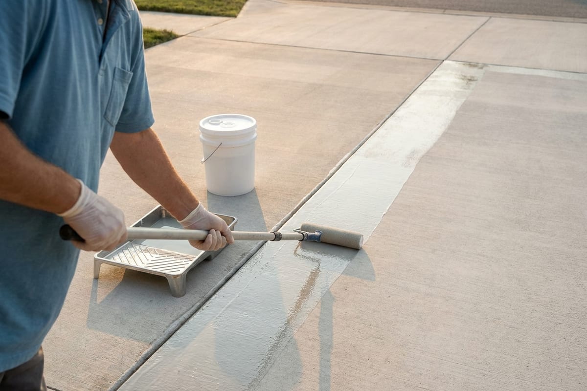 Contractor rolling topical sealer onto a clean concrete driveway in sections