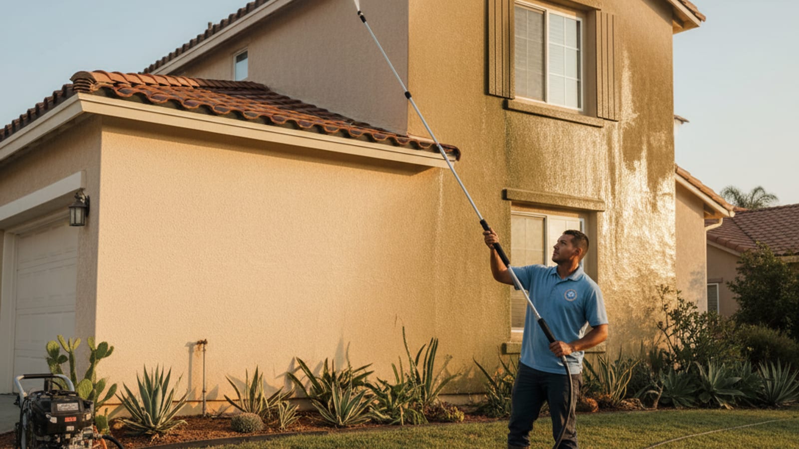Two-story San Diego stucco home with a partially soft-washed exterior showing a clear before-and-after contrast between algae-streaked and freshly cleaned siding