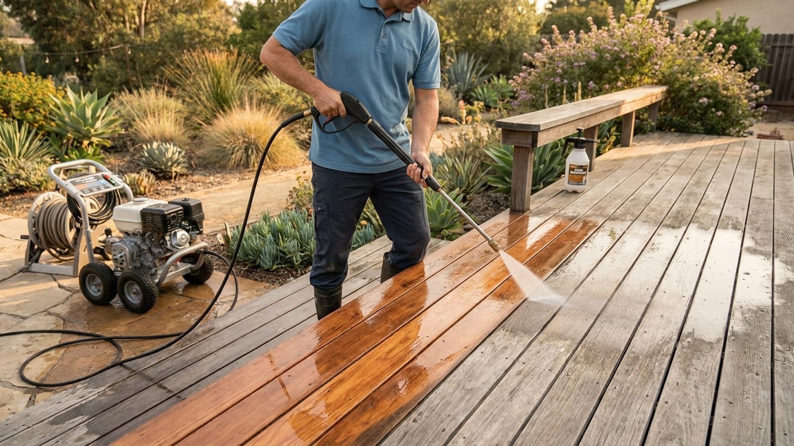A wood deck on a San Diego home being cleaned along the grain at low pressure, half restored to fresh wood tone against the weathered gray boards