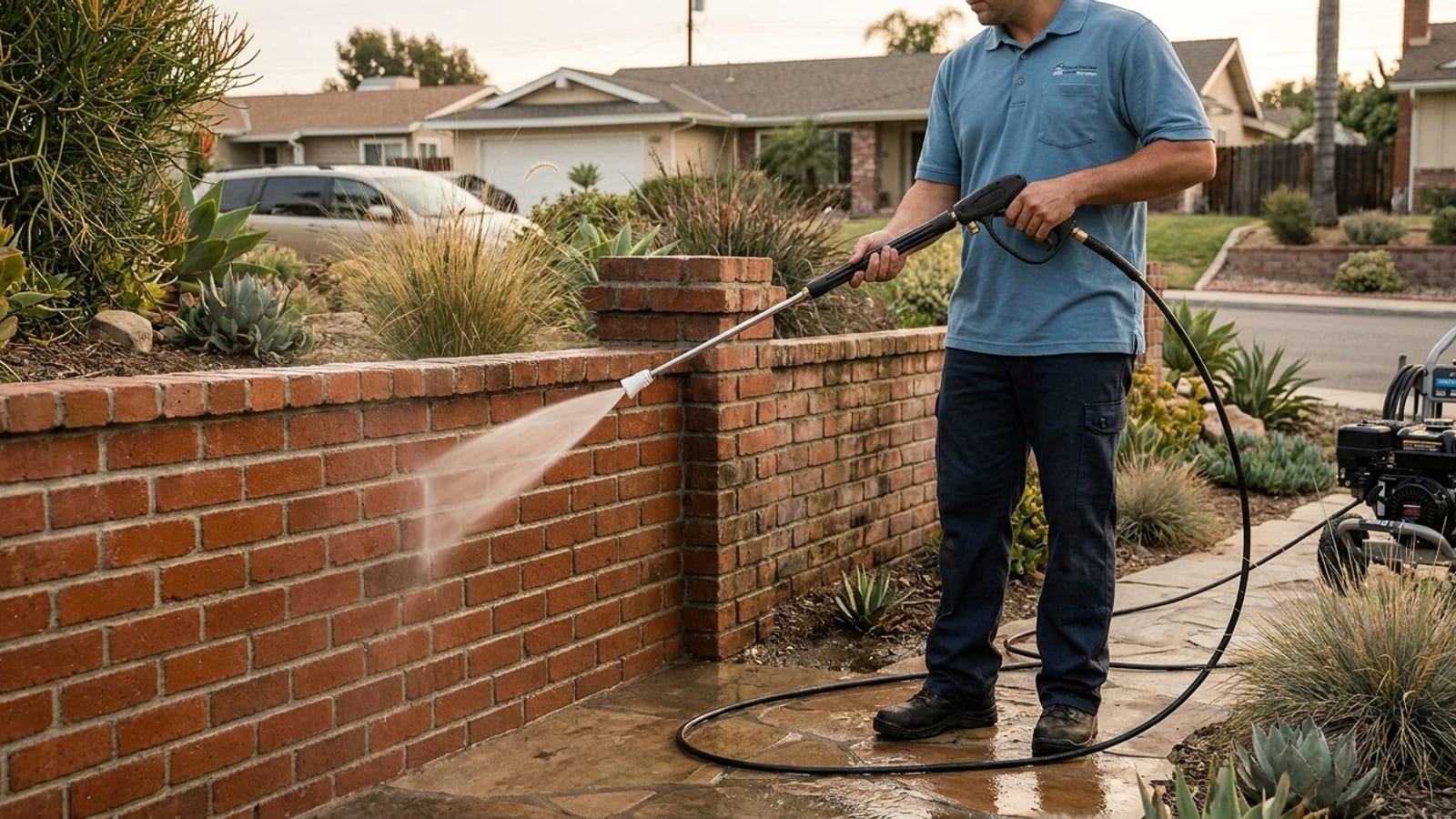 A brick walkway and wall on a San Diego property being gently cleaned, half restored to warm red brick with clean mortar joints