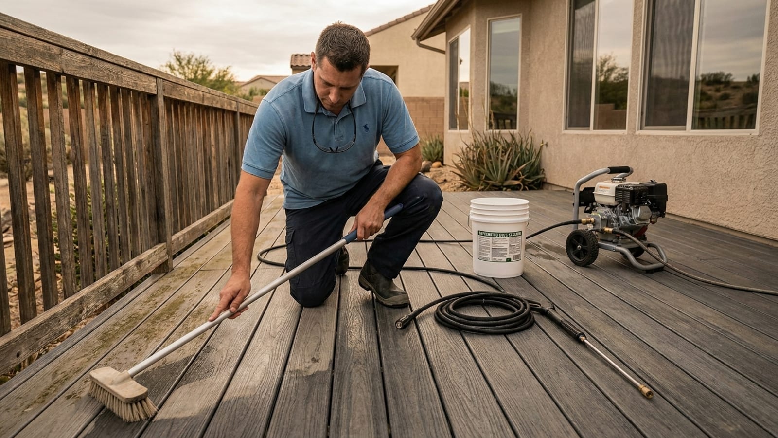 A composite Trex deck on a San Diego home being gently cleaned with a soft-bristle brush and low-pressure rinse, half cleaned showing brighter boards