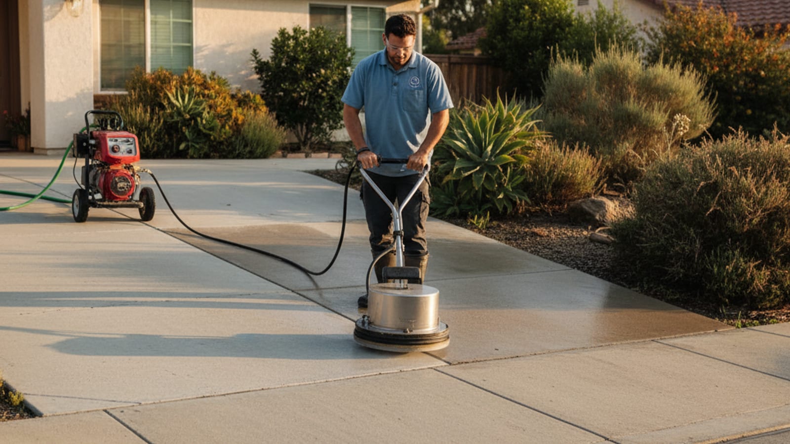 Residential concrete driveway half-cleaned with a visible sharp contrast line between freshly restored light-gray concrete and darker grime-stained untreated concrete