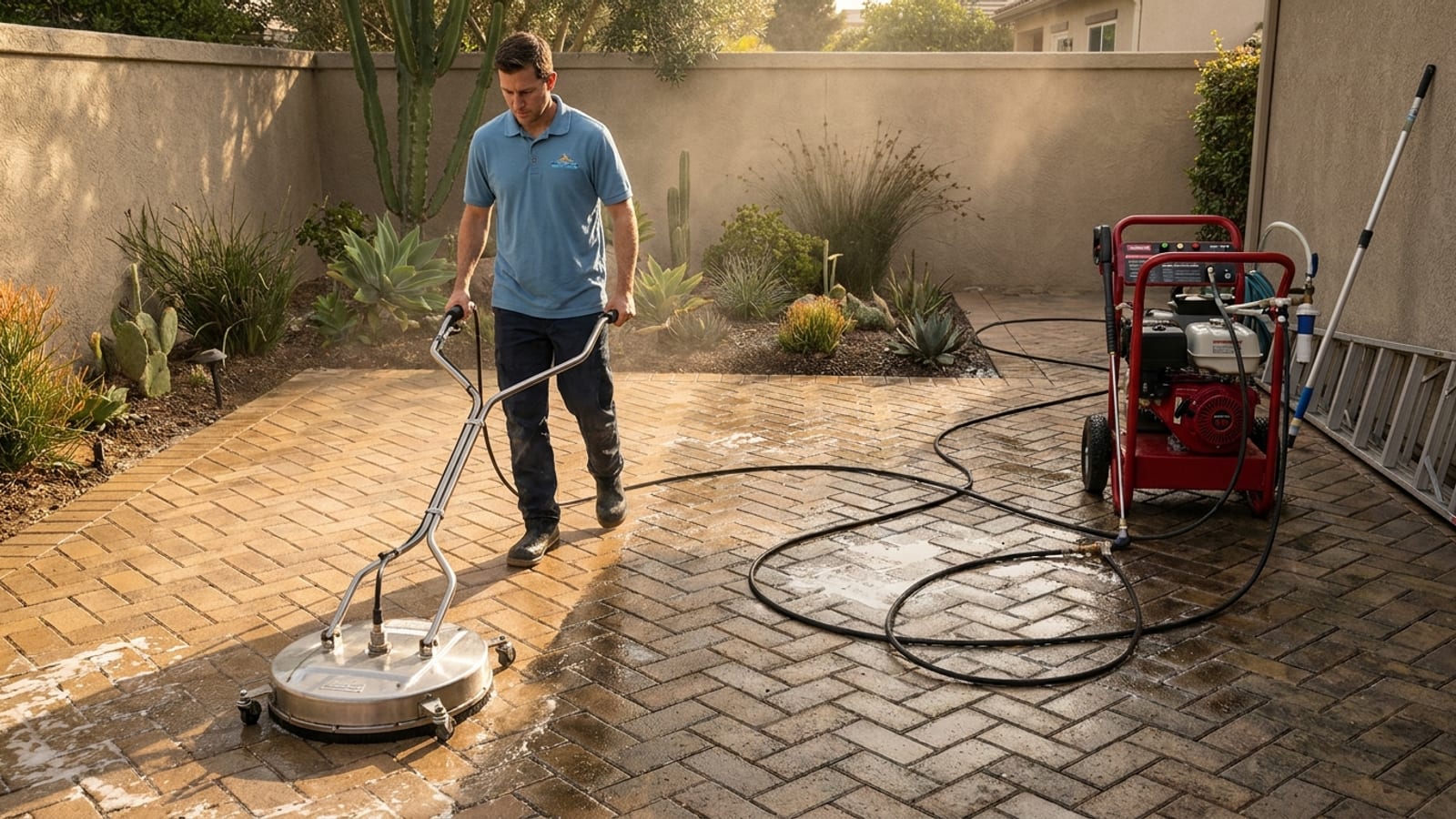 A paver patio on a San Diego home being cleaned with a round surface cleaner, half restored to clean color with crisp joint lines