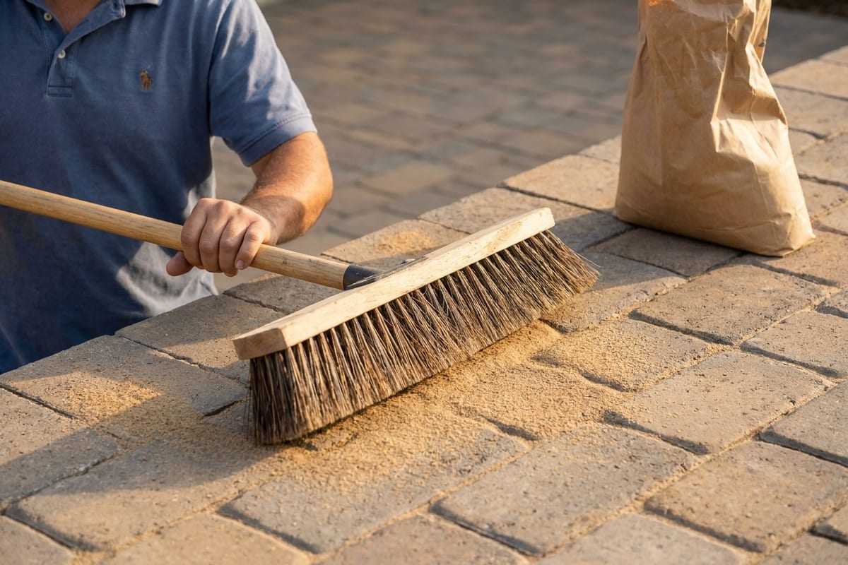 Paver patio joints being re-filled with polymeric sand after a professional cleaning in San Diego