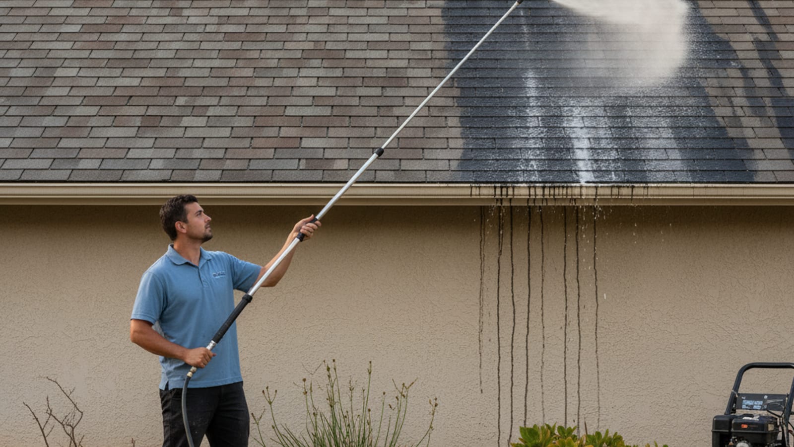 Asphalt shingle roof showing a sharp contrast between a soft-washed section free of black streaks and an untreated section covered in heavy gloeocapsa magma algae staining
