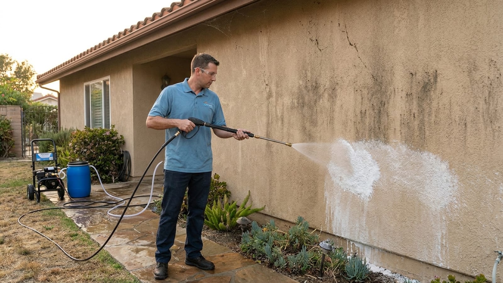 A San Diego stucco home being soft washed, the cleaned tan section noticeably brighter than the algae-streaked untreated wall above it