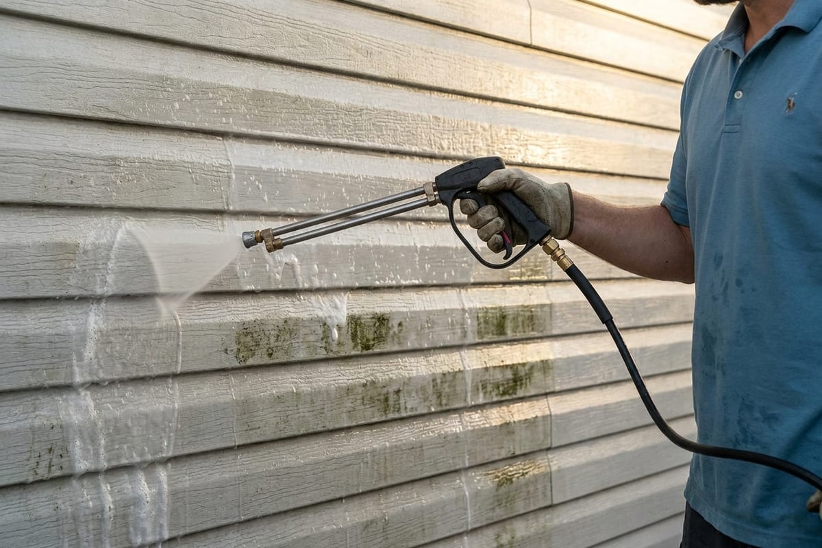 Vinyl siding mid-wash showing the chemical reaction lifting green algae from the surface