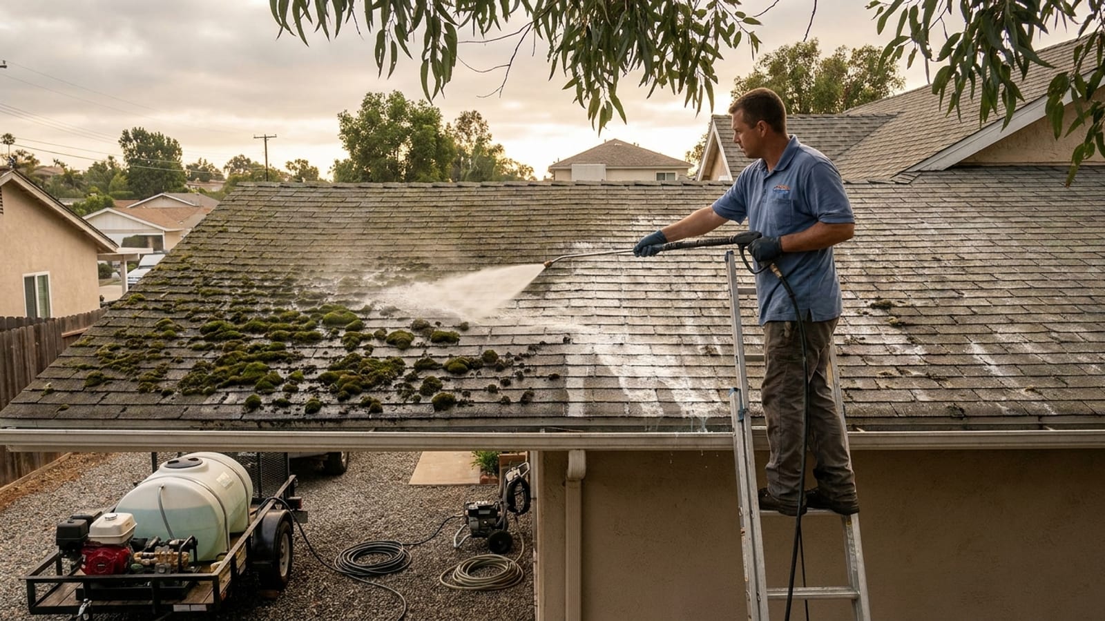 A north-facing shingle roof on a San Diego home with green moss growth along the shaded edge, being soft washed with a low-pressure application