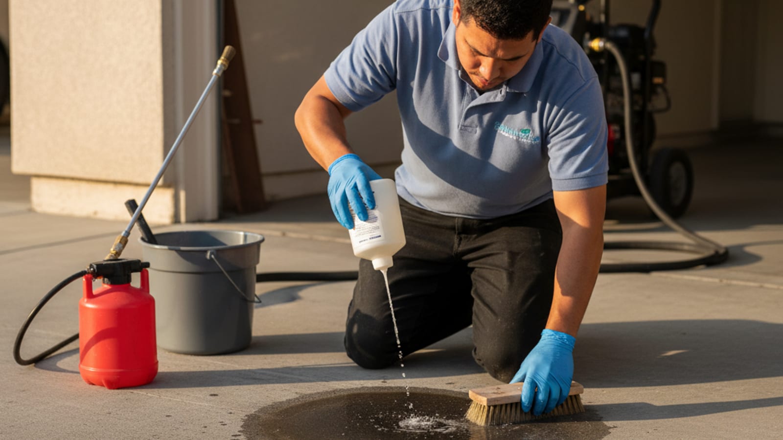 Dark oil stain on a residential concrete garage apron being treated with a degreaser and scrubbed with a stiff-bristle brush