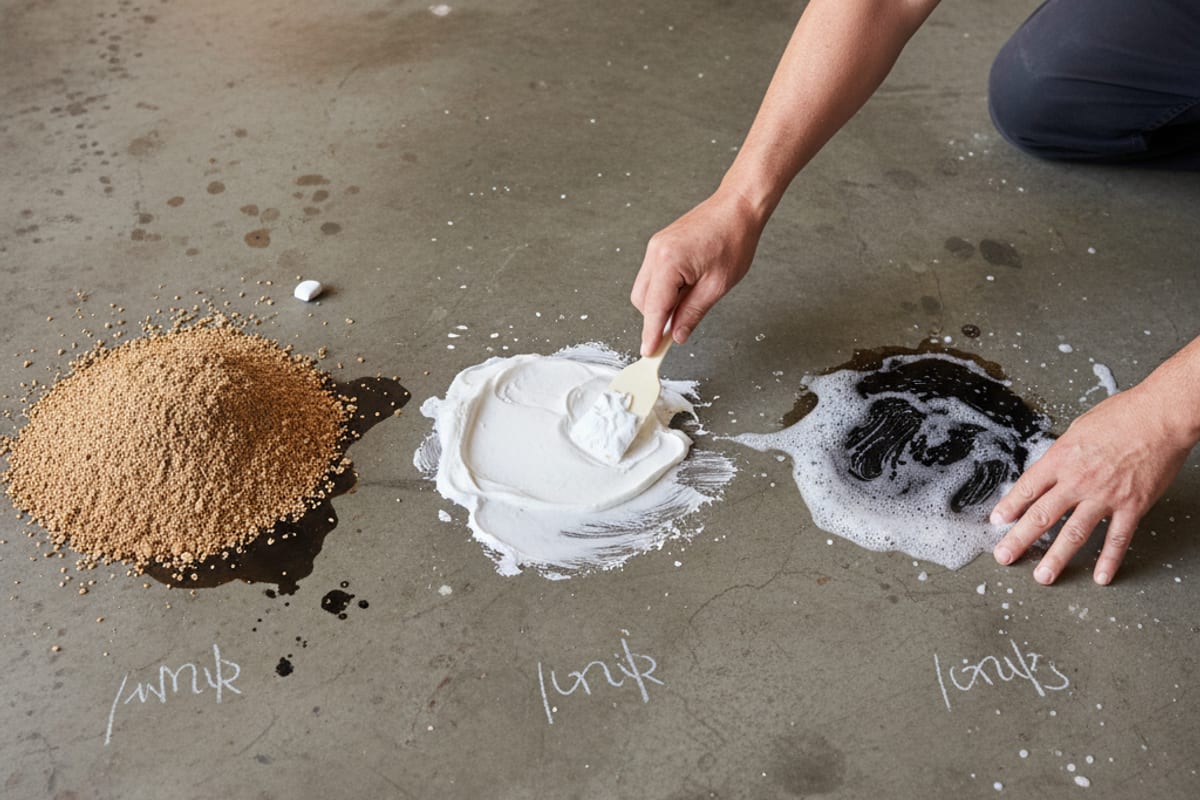 Side-by-side comparison of three concrete oil stain removers — kitty litter absorbent, trisodium phosphate paste, and commercial degreaser — each applied to a labeled test patch