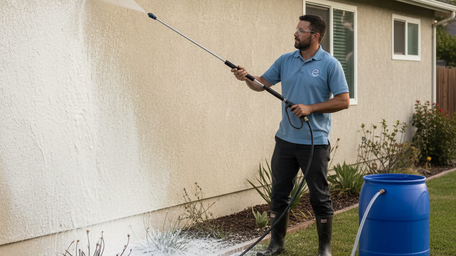 Homeowner applying a white soapy soft-wash detergent to the stucco siding of a single-story home with a 12-foot dual-lance wand in warm afternoon light