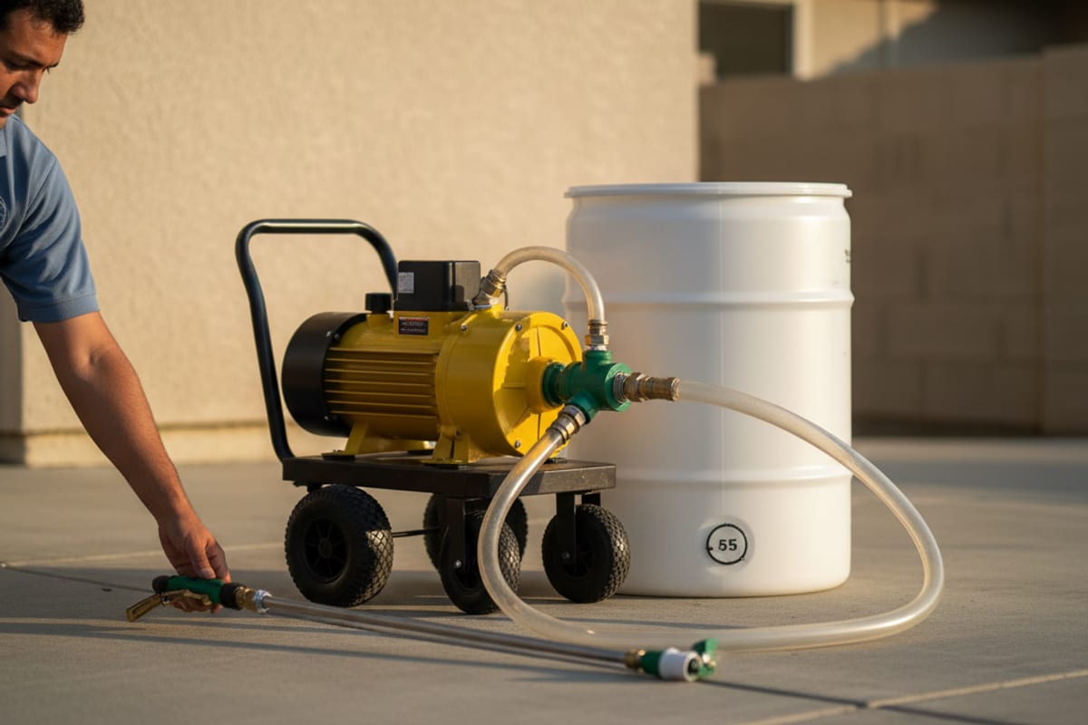 Close-up of a 12-volt soft-wash pump setup with a dual-lance wand, chemical supply drum, and proportioner fittings connected for a residential soft wash job