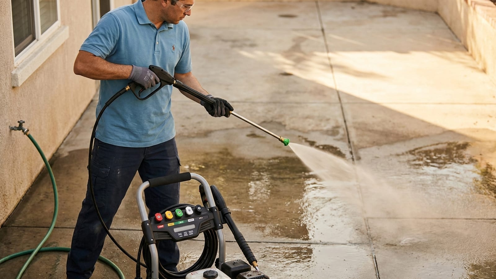 A homeowner holding a pressure washer wand with a color-coded nozzle tip, cleaning a concrete surface at a safe distance and angle