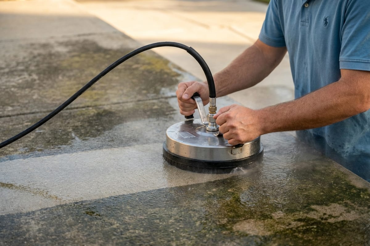Close-up of a round surface cleaner attachment in use on a residential concrete driveway, showing even cleaning with no wand stripes