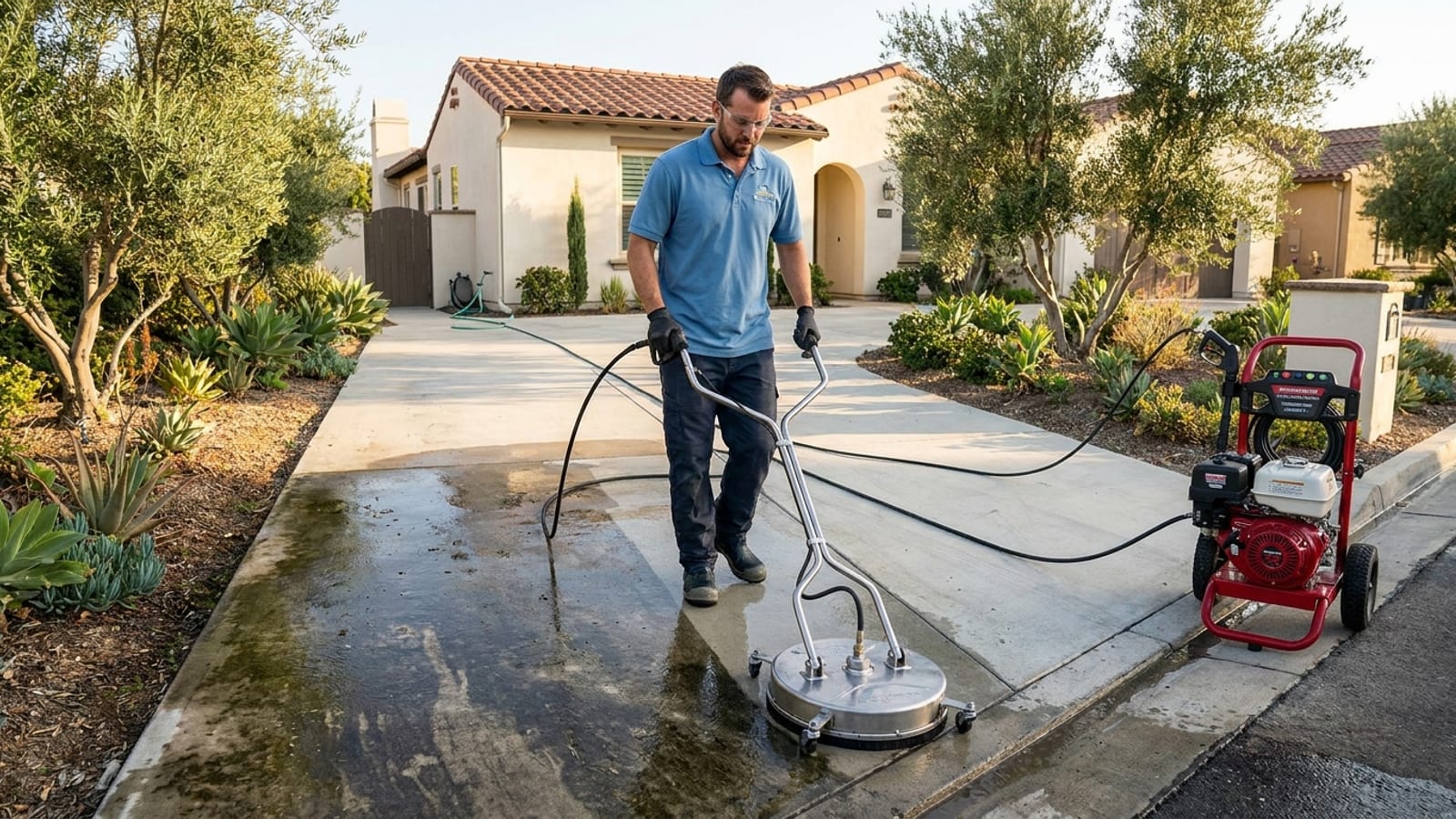A San Diego pressure washing technician in a washed-blue polo cleaning a stucco home driveway, with a clear contrast between cleaned and dirty concrete