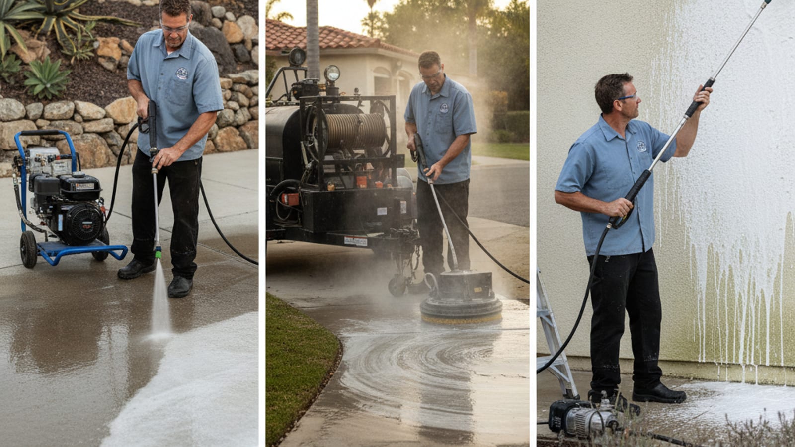 Three exterior cleaning scenes side by side — cold high-pressure driveway wash, steaming hot-water concrete, and gentle low-pressure soft-wash on stucco siding