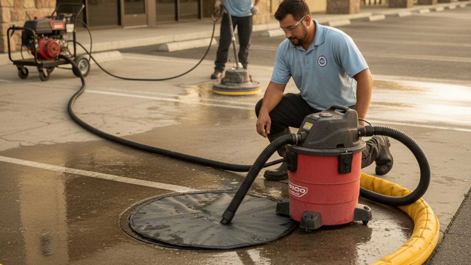 Pressure washing crew capturing wash water on a commercial parking lot with a wet-vacuum berm setup