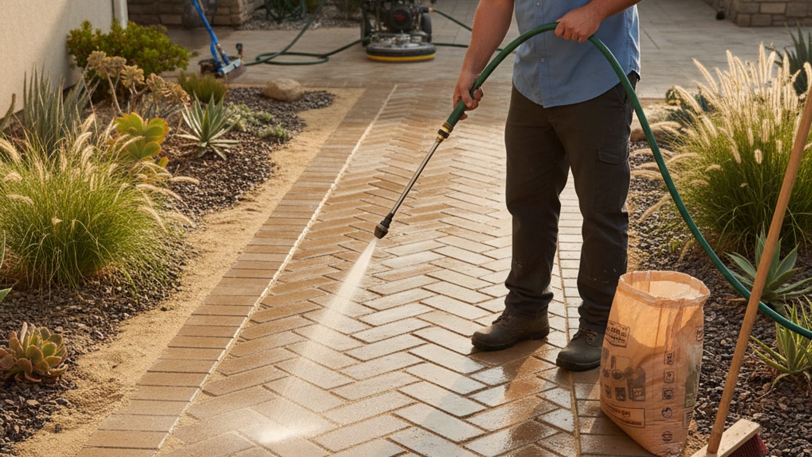 Herringbone-pattern concrete paver walkway being rinsed after joint re-sanding with visible polymeric sand between freshly cleaned pavers