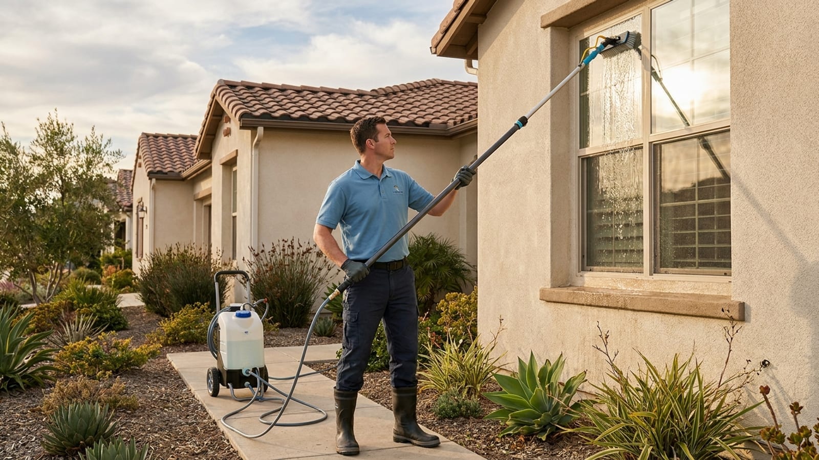 A technician cleaning the exterior windows of a two-story San Diego home with a water-fed pole, leaving a streak-free finish