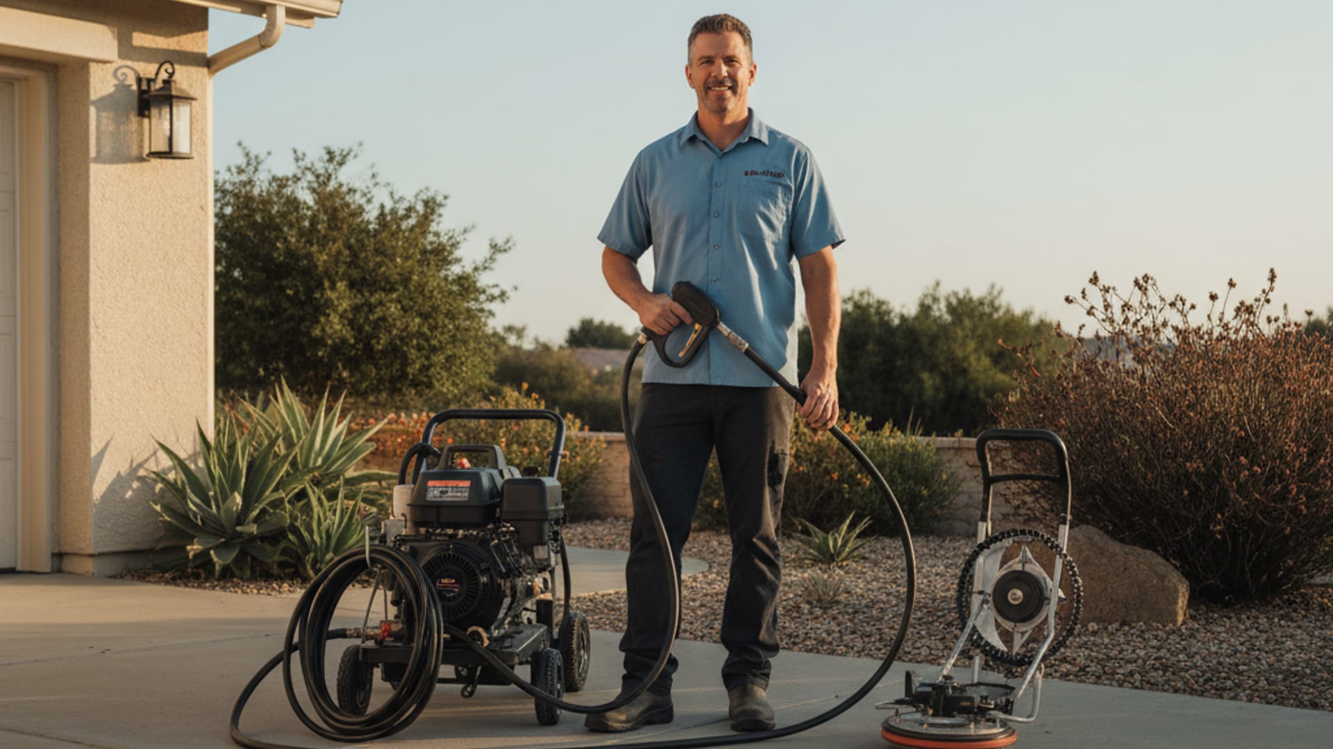 Pressure washing technician soft-washing a stucco wall with a low-pressure wand on a residential home in San Diego afternoon light