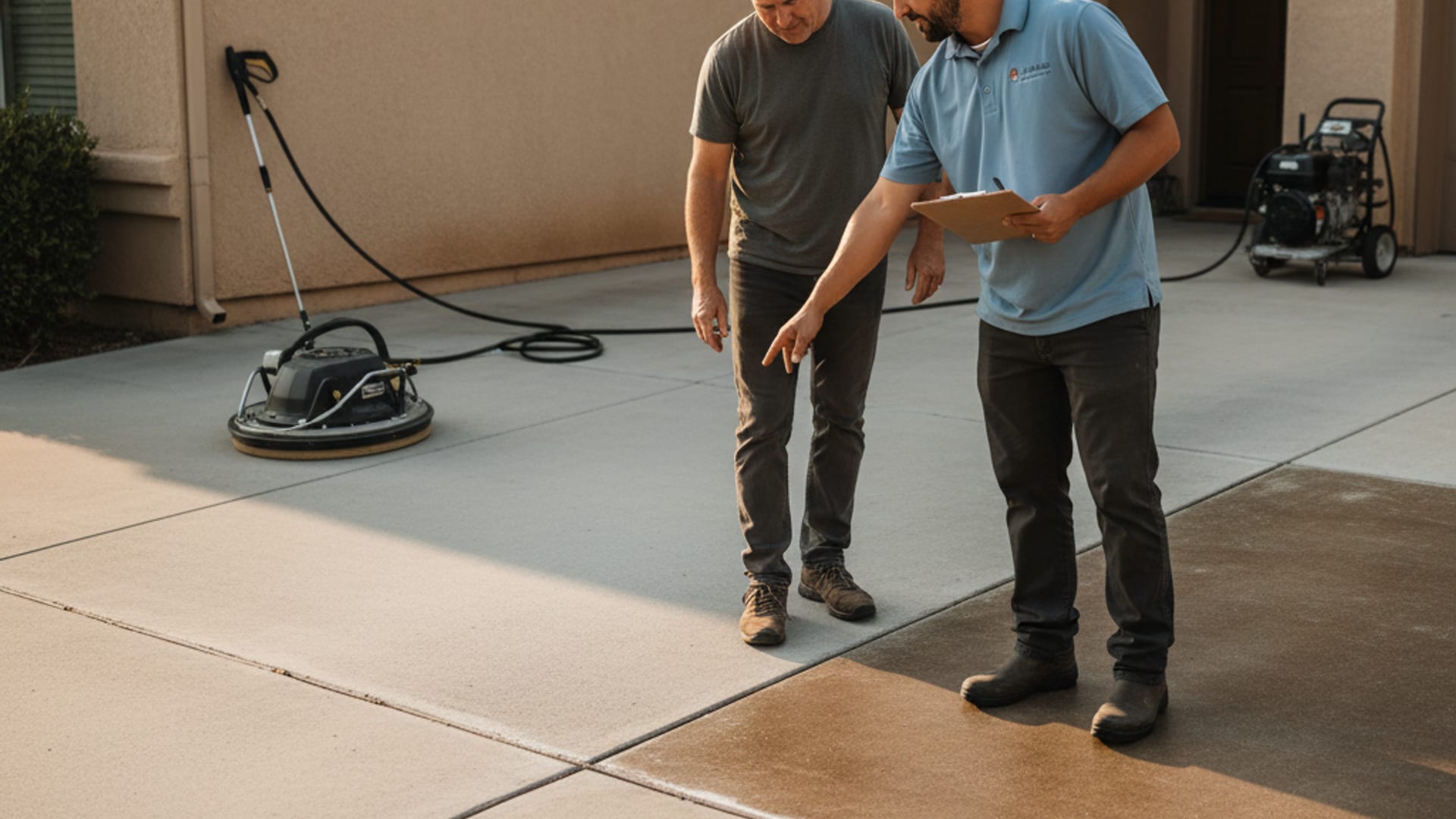 Pressure washing technician walking a homeowner through a driveway estimate beside a soft-wash trailer parked in a residential San Diego driveway