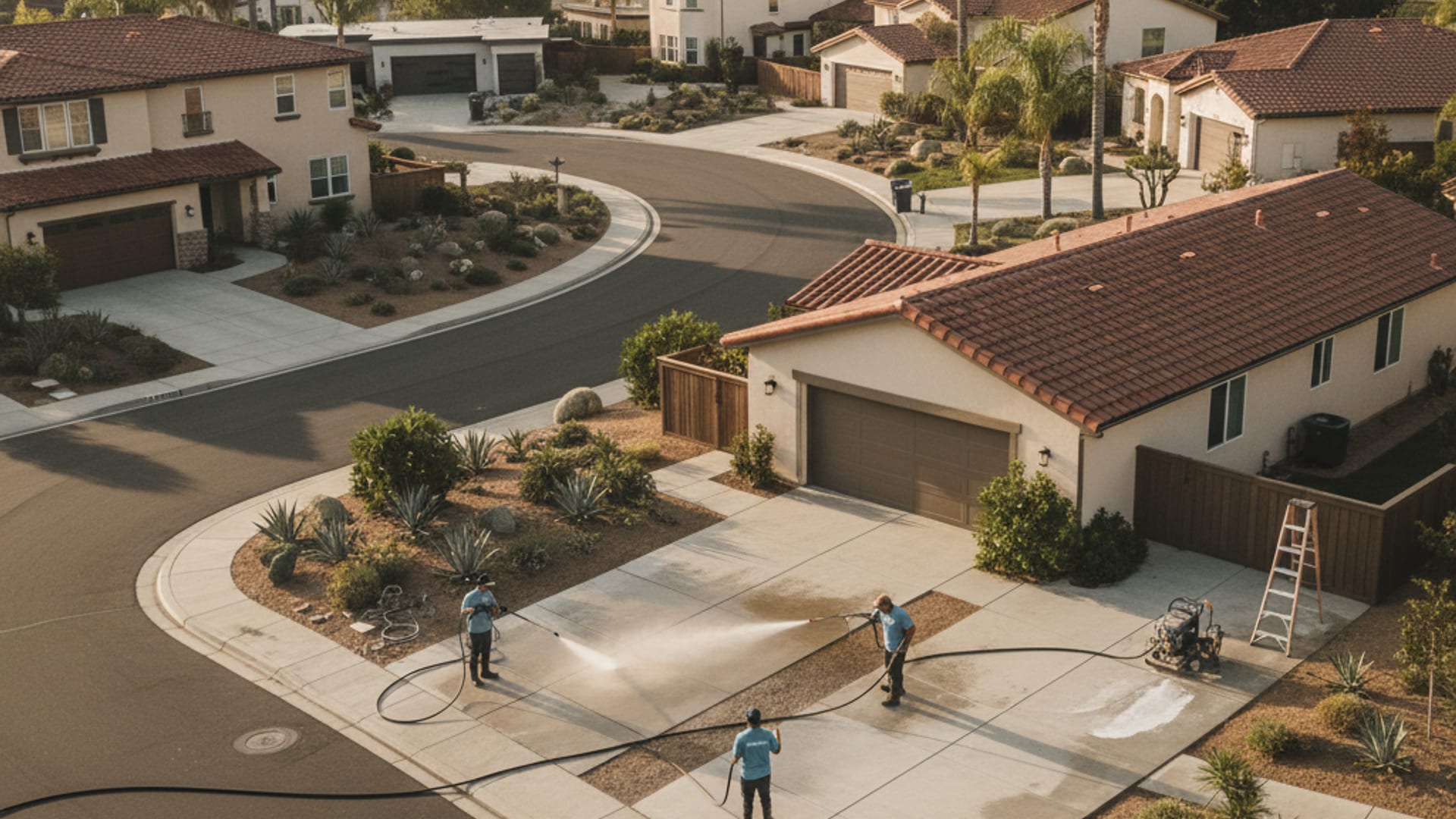 Aerial view of a San Diego County residential neighborhood with stucco homes, concrete driveways, and tile roofs visible at golden hour