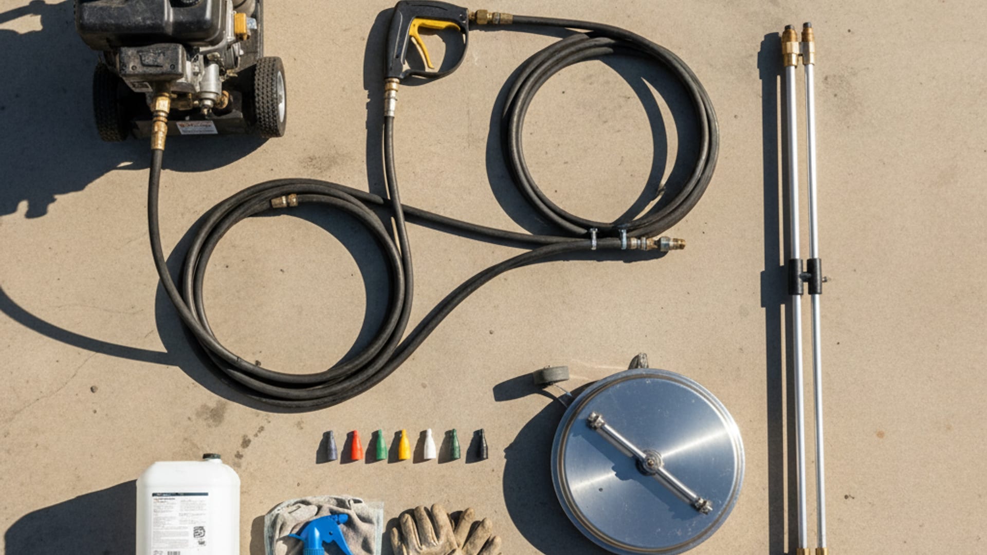 Overhead flat-lay of professional pressure-washing equipment including hot-water machine, surface cleaner, trigger guns, nozzle tips, and soft-wash accessories on a clean work surface