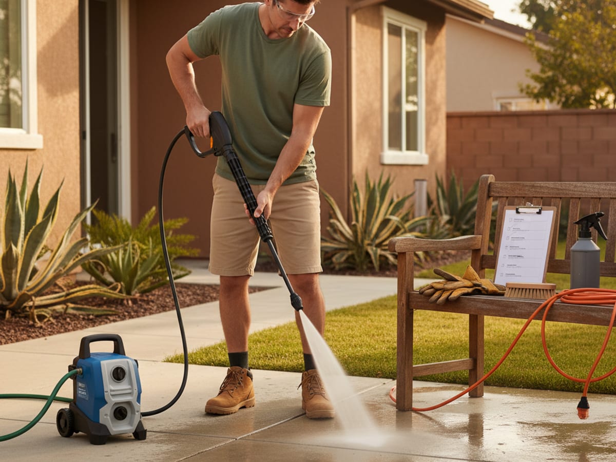 San Diego homeowner walking around their house with a checklist and a garden sprayer, noting exterior cleaning tasks for the year