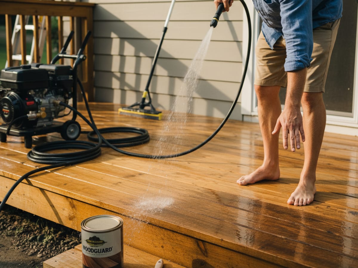 Half-cleaned cedar deck showing weathered UV-gray boards beside freshly pressure-washed clean wood before re-staining