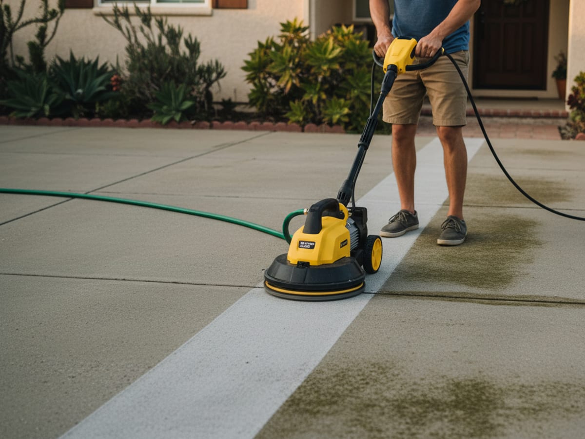 Homeowner using a consumer electric pressure washer with a surface cleaner attachment on a concrete driveway in a San Diego suburb