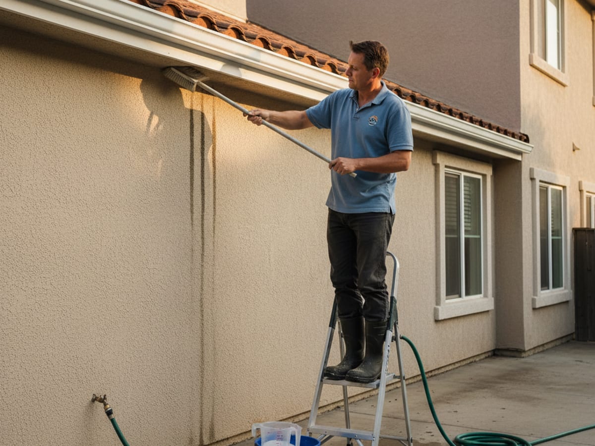 Close-up of a technician scrubbing black tiger-stripe residue off the outside of a white aluminum gutter with a soft-bristle brush and gutter cleaner