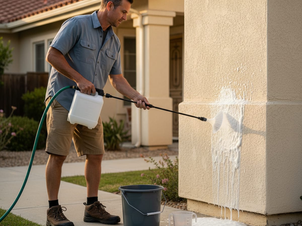 Homeowner applying a low-pressure soft-wash detergent to the side of a stucco San Diego home with a pump sprayer
