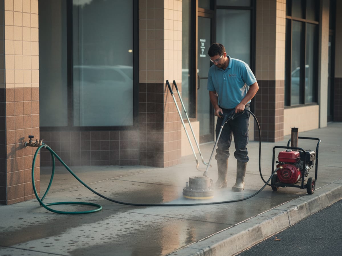 Technician in washed-blue polo cleaning a commercial sidewalk outside a San Diego storefront at dawn