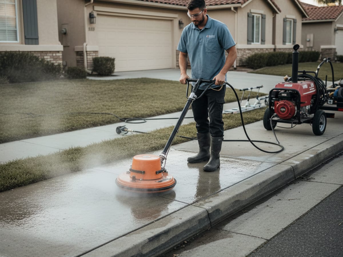 Technician in washed-blue polo running a hot-water surface cleaner across a San Diego patio slab