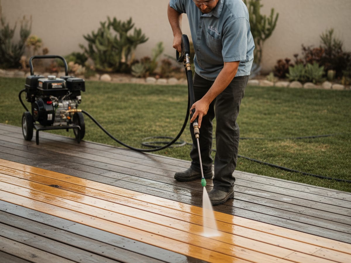 Technician in washed-blue polo applying wood cleaner to a San Diego backyard deck