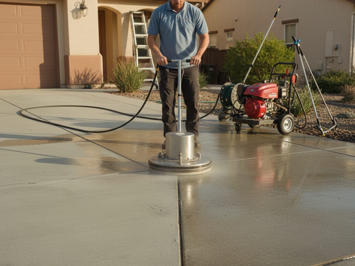 Technician in washed-blue polo using a surface cleaner on a San Diego driveway