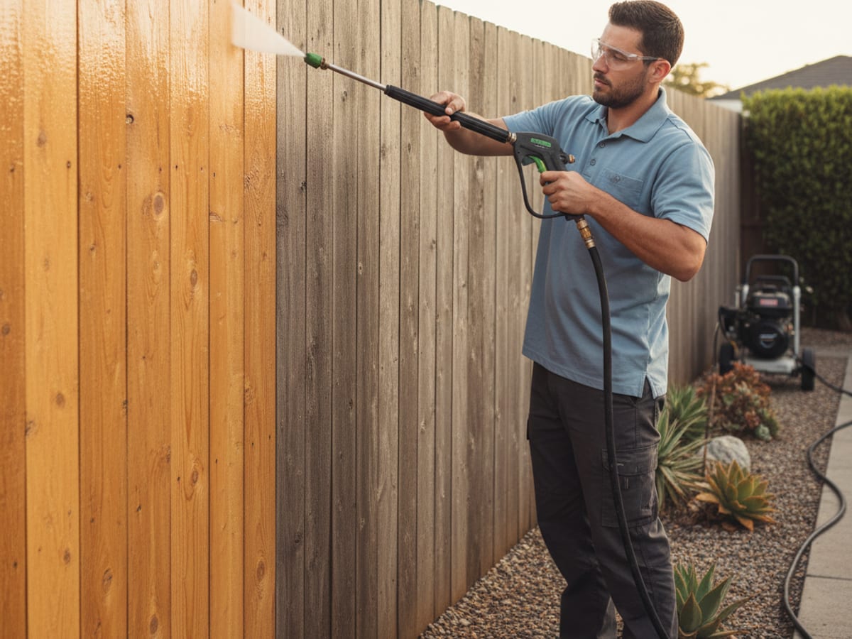 Technician in washed-blue polo cleaning a wood privacy fence in a San Diego backyard