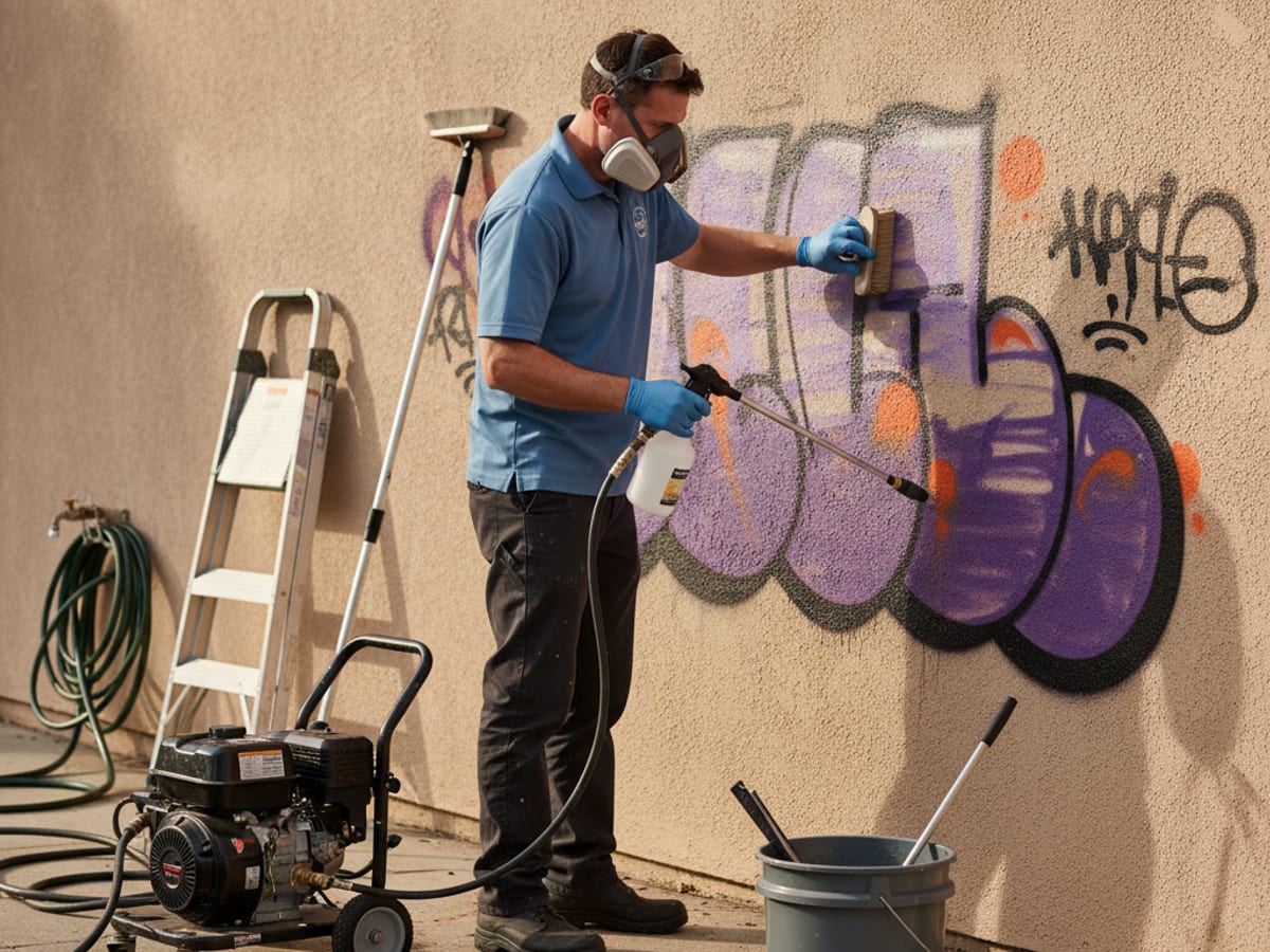 Technician in washed-blue polo applying graffiti remover to a tagged stucco wall in San Diego
