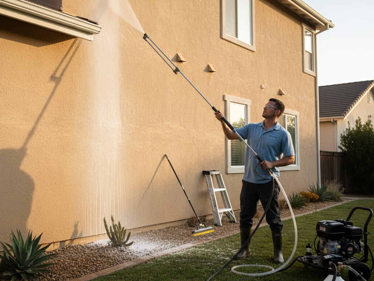 Technician in washed-blue polo applying soft-wash solution to a San Diego stucco home