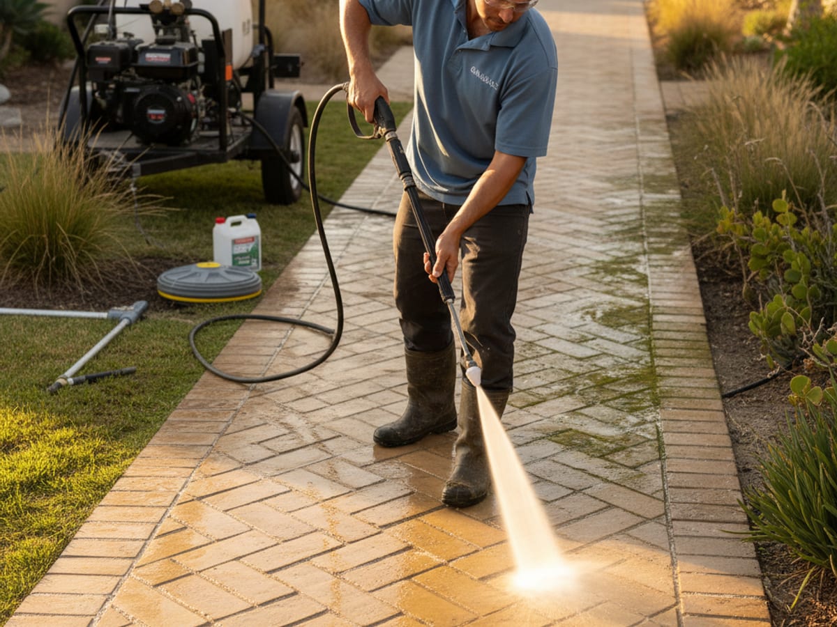 Technician in washed-blue polo sweeping polymeric sand into cleaned paver joints on a San Diego patio