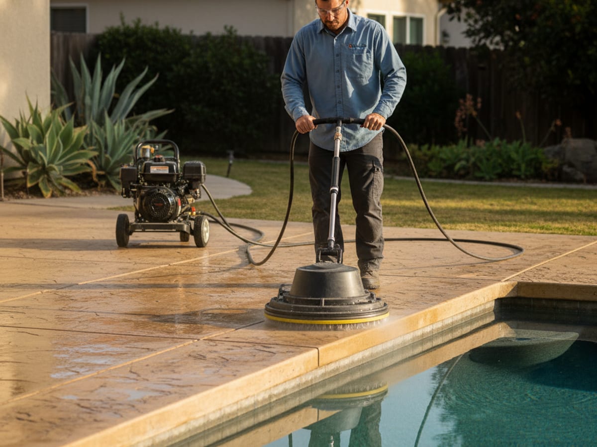 Technician in washed-blue polo cleaning a Kool-deck surround at a San Diego residential pool