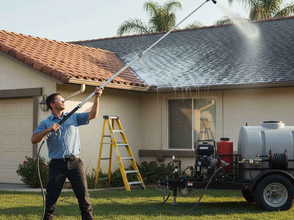 Technician in washed-blue polo soft-washing a shingle roof from an extension ladder