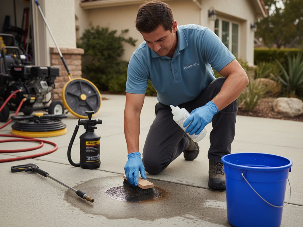 Technician in washed-blue polo applying rust remover to an orange irrigation stain on a San Diego walkway