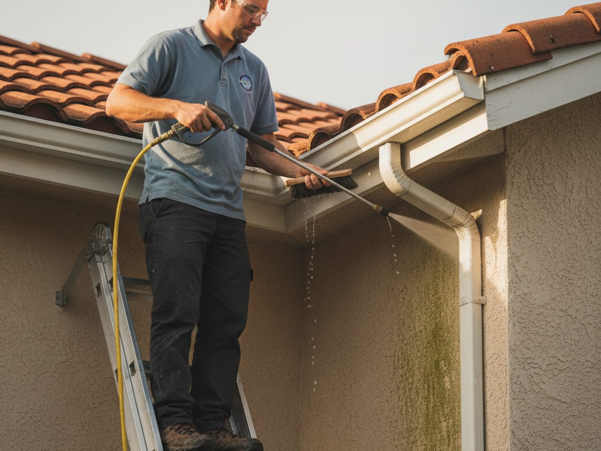 Technician in washed-blue polo cleaning exterior glass with a water-fed pole on a San Diego home